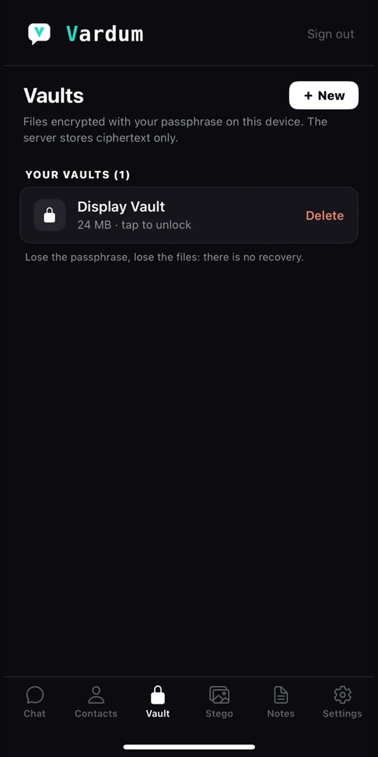 Vaults screen: files encrypted with your passphrase on this device